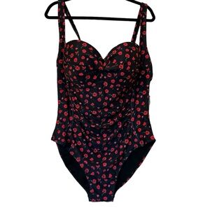 NWT NICOLE MILLER PINUP STYLE BLACK AND RED ROSES ONE PIECE SWIMSUIT SIZE 2X
